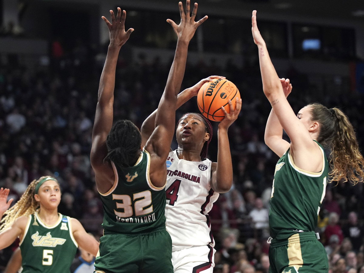South Carolina forward Aliyah Boston shoots against South Florida forward Dulcy Fankam Mendjiadeu during the second round of the NCAA women’s tournament.